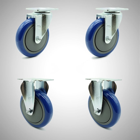 Service Caster 5 Inch SS Blue Polyurethane Swivel Top Plate Caster Set with 2 Rigid SCC SCC-SS20S514-PPUB-BLUE-2-R514-2
